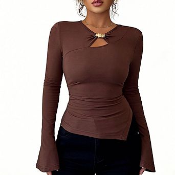 Women's Fitted Long Sleeve Blouse Keyhole Neck with Metal Ring and Flared Cuffs