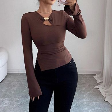 Women's Fitted Long Sleeve Blouse Keyhole Neck with Metal Ring and Flared Cuffs