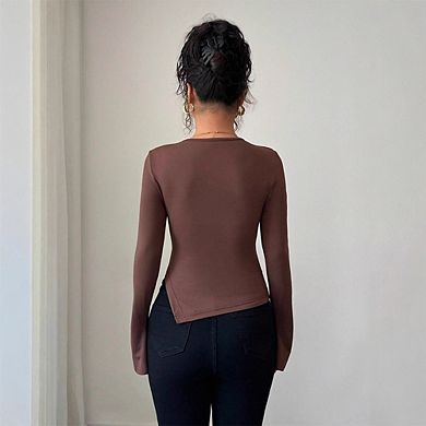 Women's Fitted Long Sleeve Blouse Keyhole Neck with Metal Ring and Flared Cuffs