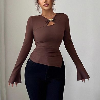 Women's Fitted Long Sleeve Blouse Keyhole Neck with Metal Ring and Flared Cuffs