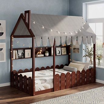 Sailvan Twin Size Montessori House Bed for Kids, Floor Bed with Fence Railings, Slats not included