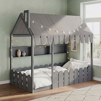 Sailvan Twin Size Montessori House Bed for Kids, Floor Bed with Fence Railings, Slats not included
