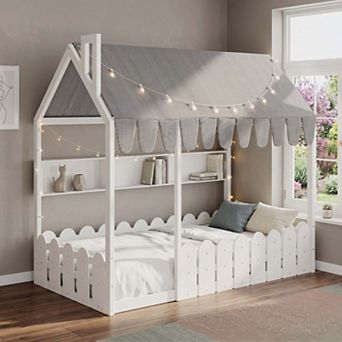 Sailvan Twin Size Montessori House Bed for Kids, Floor Bed with Fence Railings, Slats not included
