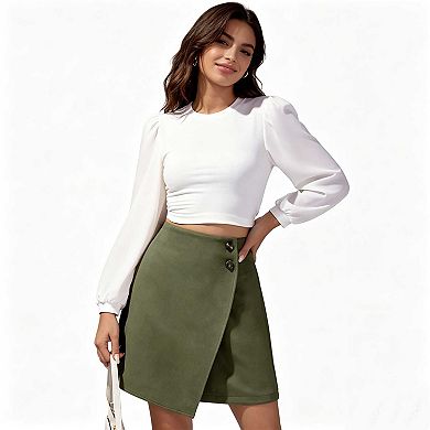 Women's Faux Suede Irregular Skirt, High Waist Button Accent Wrap Mini Skirt