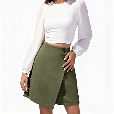 Women's Faux Suede Irregular Skirt, High Waist Button Accent Wrap Mini Skirt