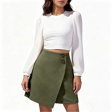 Women's Faux Suede Irregular Skirt, High Waist Button Accent Wrap Mini Skirt