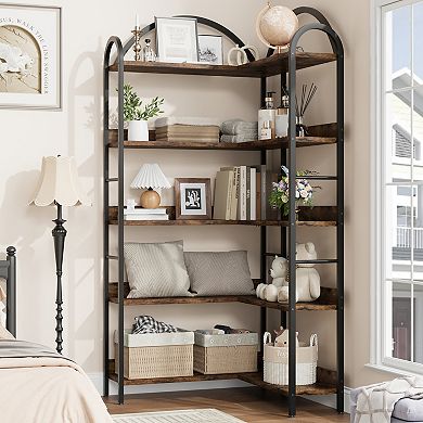 5 Tier Bookshelf, Reversible Corner Bookshelf, Wooden Bookcase with Open Shelves and Metal Frame