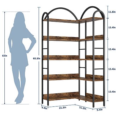 5 Tier Bookshelf, Reversible Corner Bookshelf, Wooden Bookcase with Open Shelves and Metal Frame