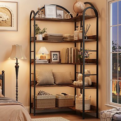 5 Tier Bookshelf, Reversible Corner Bookshelf, Wooden Bookcase with Open Shelves and Metal Frame