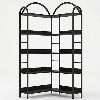 5 tier Bookshelf, Reversible Corner Bookshelf, Wooden Bookcase with Open Shelves and Metal Frame