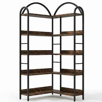 5 tier Bookshelf, Reversible Corner Bookshelf, Wooden Bookcase with Open Shelves and Metal Frame