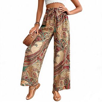 Women's Paisley Print Wide Leg Pants, Elastic Waist Casual Flowy Trousers
