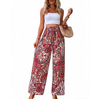 Women's Paisley Print Wide Leg Pants, Elastic Waist Casual Flowy Trousers