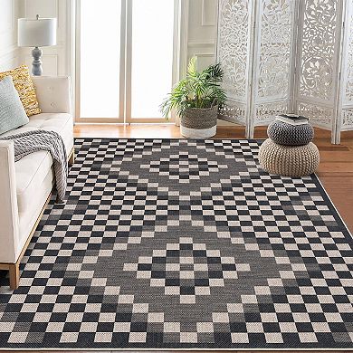 Linen Look Printed Area Rug Polyester Washable Backing, Foldable Indoor Decorative Carpet