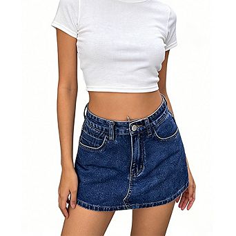 Women's Casual Denim Skort High Waist A-Line Mini Skirt with Built-In Jean Shorts