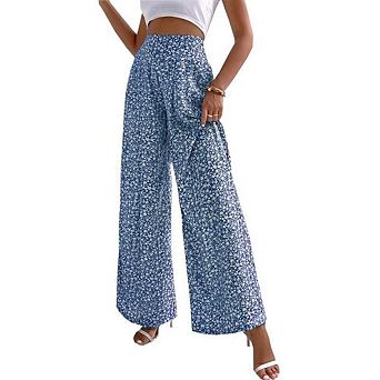 Women's Summer Floral Smocked High Waiste Wide Leg Boho Pants Casual Soft Fashion Long Trousers