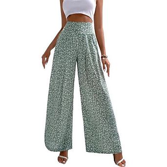Women's Summer Floral Smocked High Waiste Wide Leg Boho Pants Casual Soft Fashion Long Trousers