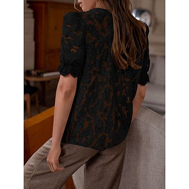 Women's Floral Lace Blouse Button Down Short Sleeve Shirt Sheer Layering Top Blouse