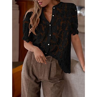 Women's Floral Lace Blouse Button Down Short Sleeve Shirt Sheer Layering Top Blouse