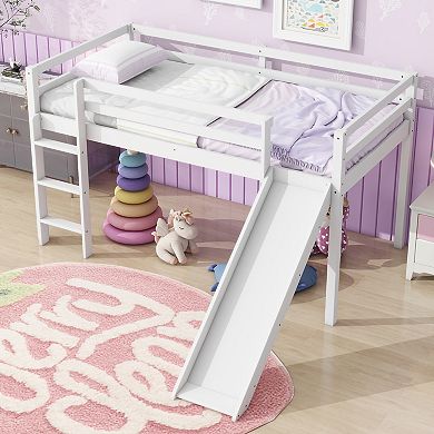 Sailvan Twin Low Loft Bed with Slide, Ladder, Safety Guardrails, Rubber Wood Twin Loft Bed