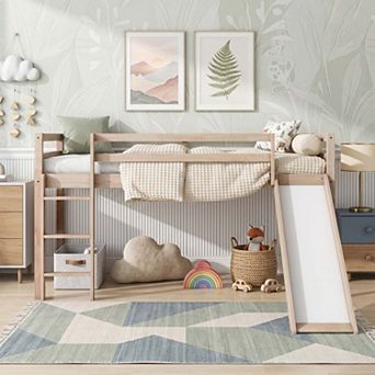 Sailvan Twin Low Loft Bed with Slide, Ladder, Safety Guardrails, Rubber Wood Twin Loft Bed