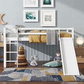 Sailvan Twin Low Loft Bed with Slide, Ladder, Safety Guardrails, Rubber Wood Twin Loft Bed