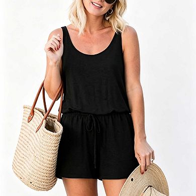 Women's Casual Sleeveless Jumpsuit, Tie Waist Scoop Neck Short Romper with Pockets
