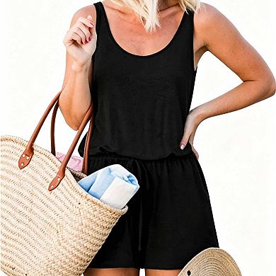 Women's Casual Sleeveless Jumpsuit, Tie Waist Scoop Neck Short Romper with Pockets