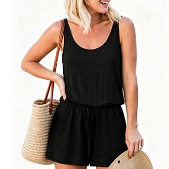 Women's Casual Sleeveless Jumpsuit, Tie Waist Scoop Neck Short Romper with Pockets