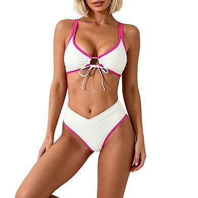 Womens Two Piece Bikini Double Straps Top And High Waist Bottom Bikini Sets