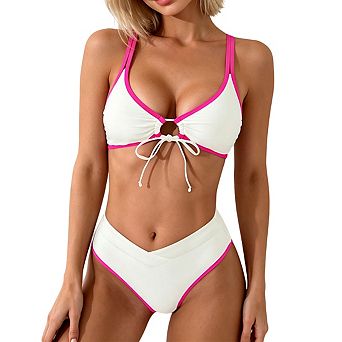 Womens Two Piece Bikini Double Straps Top And High Waist Bottom Bikini Sets