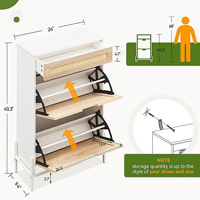 Rattan Shoe Cabinet with 2 Flip Drawers, Slim Hidden Shoe Storage Organizer