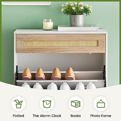 Rattan Shoe Cabinet with 2 Flip Drawers, Slim Hidden Shoe Storage Organizer