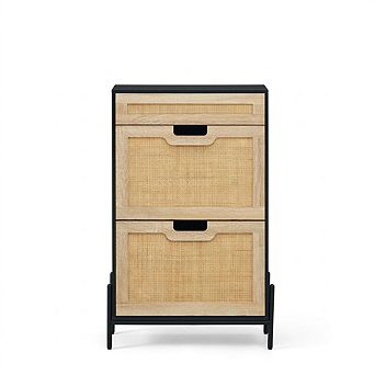 Rattan Shoe Cabinet with 2 Flip Drawers, Slim Hidden Shoe Storage Organizer