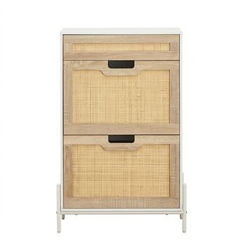 Rattan Shoe Cabinet with 2 Flip Drawers, Slim Hidden Shoe Storage Organizer