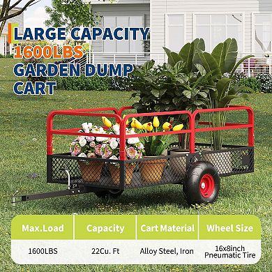ATV UTV Trailer Tow Behind Dump Cart, 1600 lbs 22 Cubic Feet Heavy Duty Garden Trailer Pull Behind