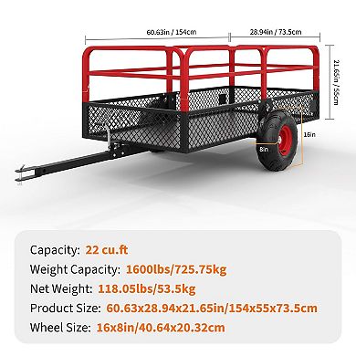ATV UTV Trailer Tow Behind Dump Cart, 1600 lbs 22 Cubic Feet Heavy Duty Garden Trailer Pull Behind