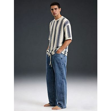Men’s Wide Leg Elastic Waist Denim Jeans Loose Fit Pants