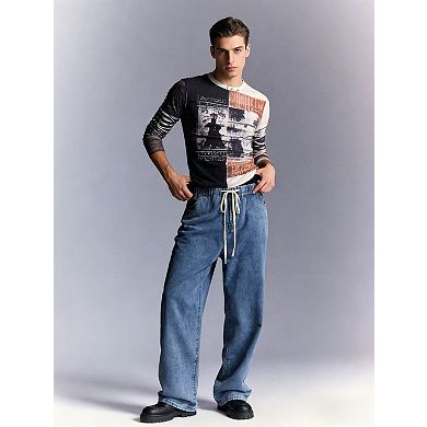 Men’s Wide Leg Elastic Waist Denim Jeans Loose Fit Pants