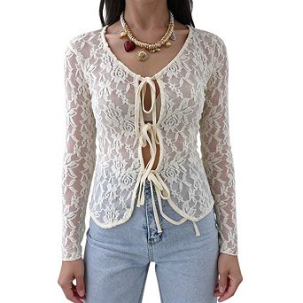 Women's Y2K U Neck Tops Floral Print Mesh Open Front Tie Summer Long Sleeve Going Out Club Clothes
