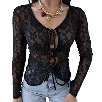 Women's Y2K U Neck Tops Floral Print Mesh Open Front Tie Summer Long Sleeve Going Out Club Clothes