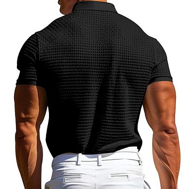 Men’s Waffle Knit Polo Shirt Button Down Short Sleeve Casual Tee