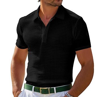 Men’s Waffle Knit Polo Shirt Button Down Short Sleeve Casual Tee