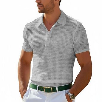 Men’s Waffle Knit Polo Shirt Button Down Short Sleeve Casual Tee