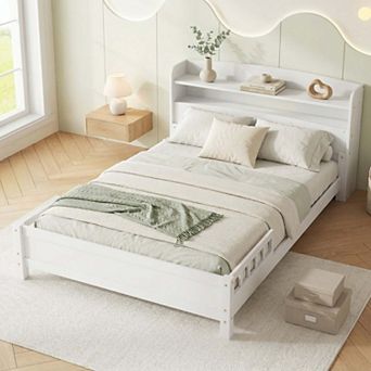 Sailvan Full Pine Wood Bed with Bookcase Headboard, LED Motion Sensor Light & Bed Guardrails
