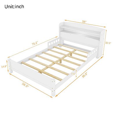Sailvan Full Pine Wood Bed with Bookcase Headboard, LED Motion Sensor Light & Bed Guardrails