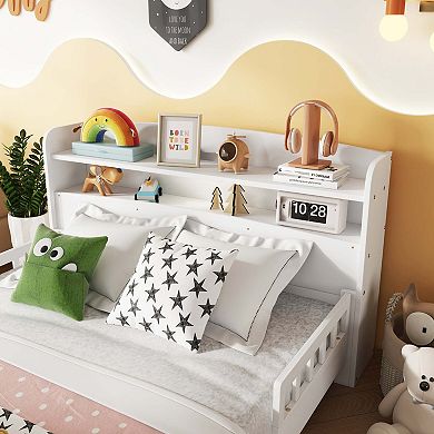 Sailvan Full Pine Wood Bed with Bookcase Headboard, LED Motion Sensor Light & Bed Guardrails