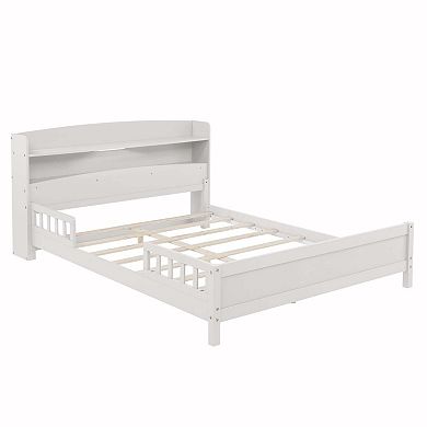 Sailvan Full Pine Wood Bed with Bookcase Headboard, LED Motion Sensor Light & Bed Guardrails