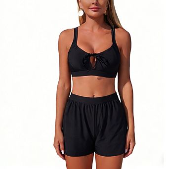 Women's Two Piece Swimsuit Tie Front Crop Top with High Waist Swim Shorts Bathing Suit