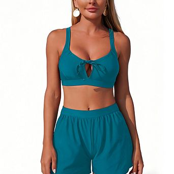 Women's Two Piece Swimsuit Tie Front Crop Top with High Waist Swim Shorts Bathing Suit